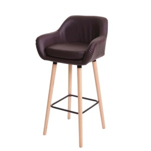 Barhocker Vaasa T381 mit braunem Kunstlederbezug und Holzfüßen.