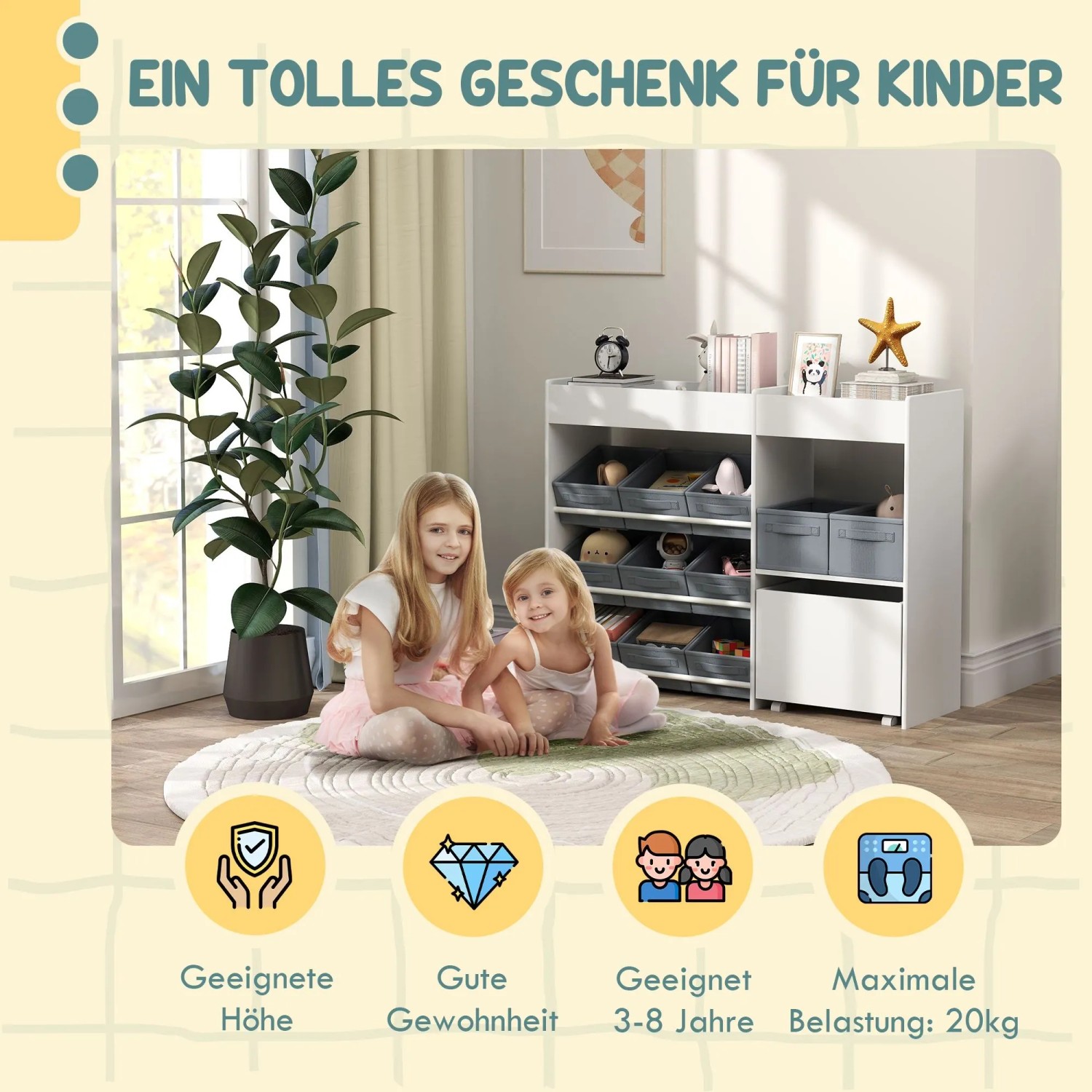 Weißes AIYAPLAY Kinderregal aus MDF mit grauen Stoffboxen im Kinderzimmer, zwei Mädchen spielen davor. Für Spielzeug & Bücher.