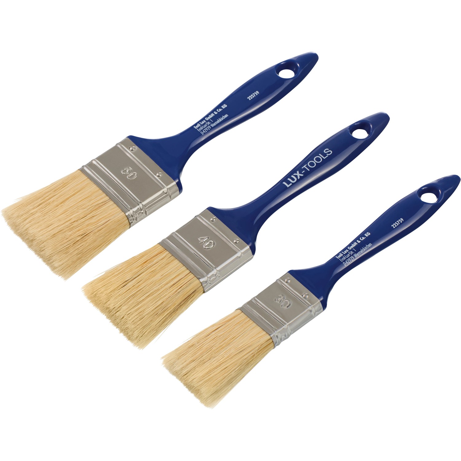 LUX Flachpinsel-Set Lack, 3-teilig, mit blauen Griffen und Borsten in 30, 40 und 50 mm Breite.