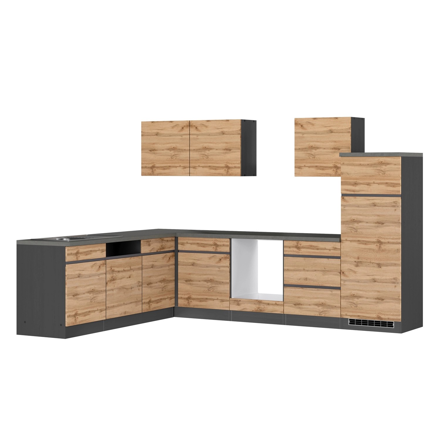 Held Möbel Winkelküche Turin in Wotaneiche-Graphit, ohne E-Geräte. Zweifarbige Küchenzeile mit Hänge- und Unterschränken.