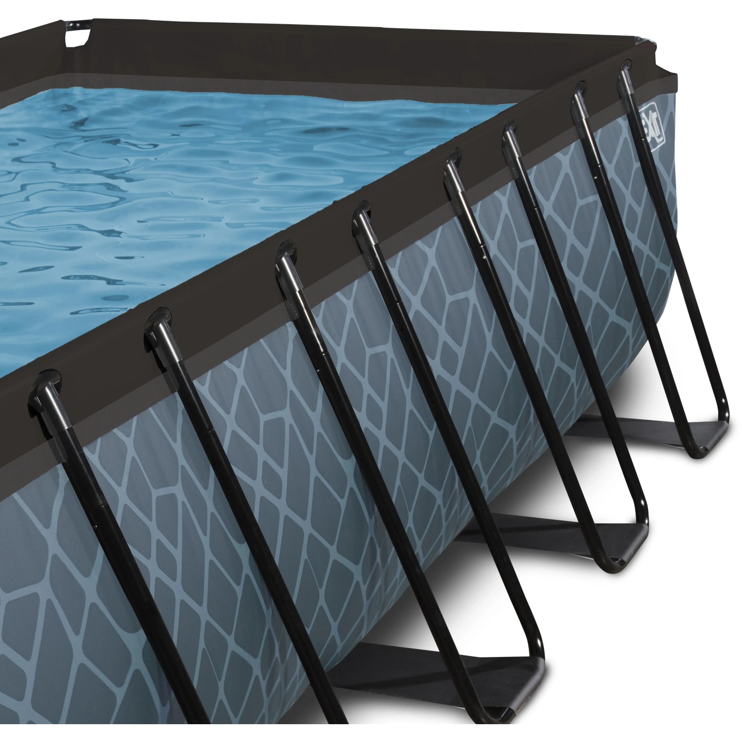Grauer EXIT Stone Pool 540x250x122cm mit Stahlrahmen, Filterpumpe und Steinmuster.