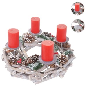 Runder Adventskranz aus Holz (Ø 35cm) mit vier roten Kerzen und Deko.