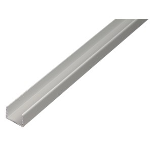 Silbernes U-Profil aus Aluminium, 22x22,5x2000 mm, ideal für Konstruktionen und als Kantenschutz.