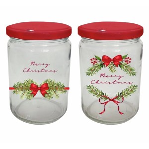 Boltze Vorratsgläser Noelle, 2er-Set, runde Glasbehälter mit rotem Deckel und weihnachtlichem Dekor.