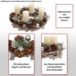 Silberner Adventskranz aus Holz mit Deko, Kugeln, Sternen und vier Kerzenhaltern.