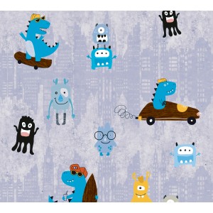 Vliestapete mit Dinosaurier- und Monster-Motiven in Blau und Gelb für das Kinderzimmer.