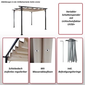 Creme Pergola MCW C42 3,5x3,5m mit Schiebedach und Stahlgestell.