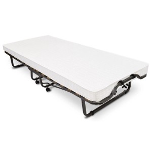 Veraflex Colonia Gästebett 80x200 cm, zusammengeklappt mit weißer Matratze und Rollen.