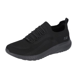 Schwarze Skechers Damen Arbeitsschuhe mit Stretch Knit Obermaterial, elastischen Schnürsenkeln und rutschhemmender Sohle.