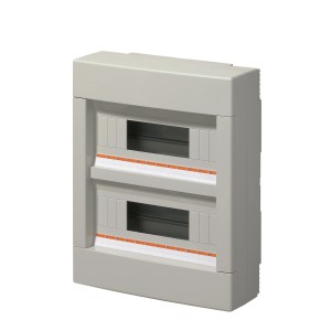 Grauer 2-reihiger Aufputzverteiler ohne Tür, IP40, aus Kunststoff.