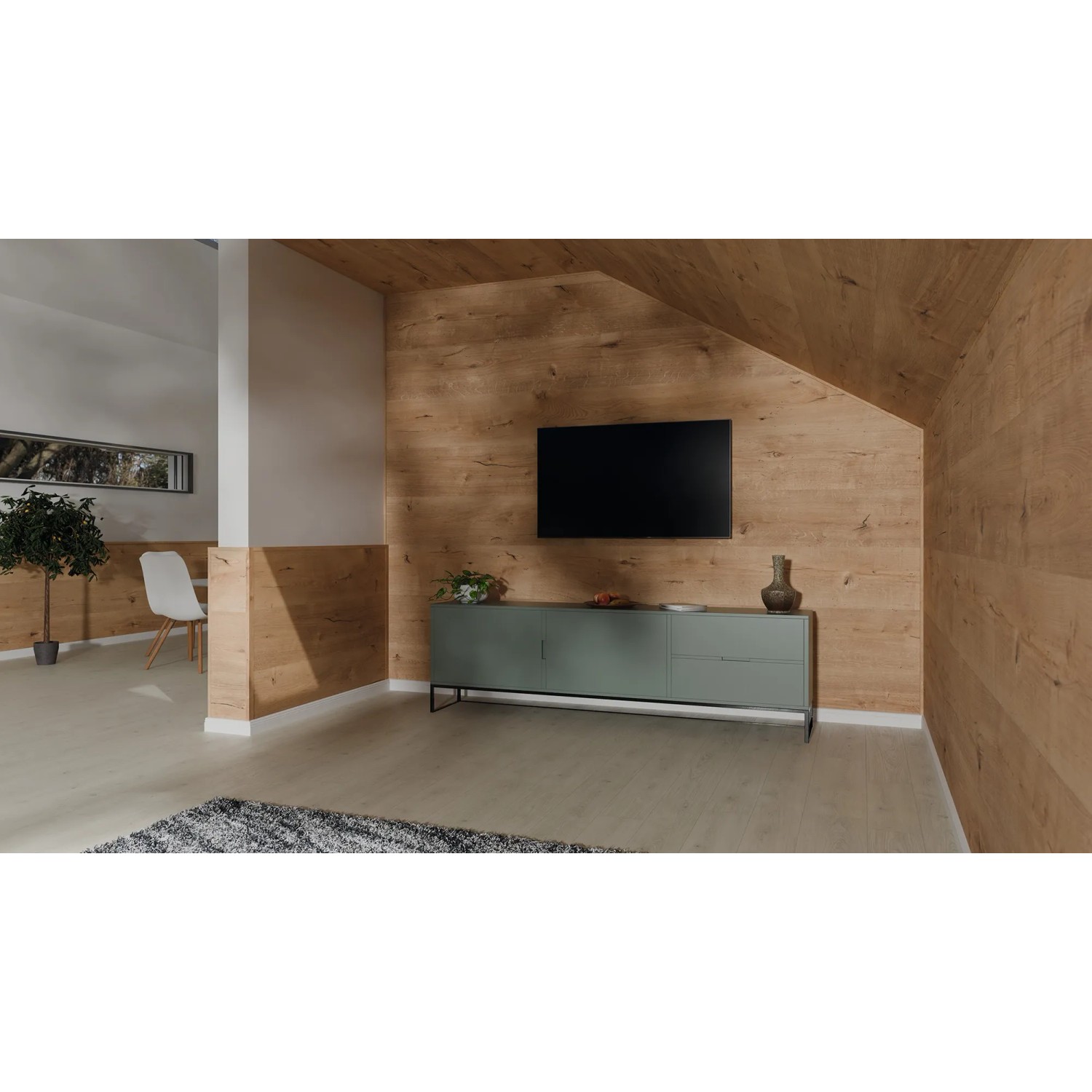 Wohnraum mit Egger Decowall Faltleiste FL008 Loveland Eiche als Wandverkleidung.
