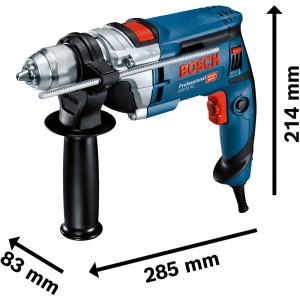 Bosch Professional GSB 16 RE Schlagbohrmaschine im Koffer, blau, mit Zusatzhandgriff und Schnellspannbohrfutter.