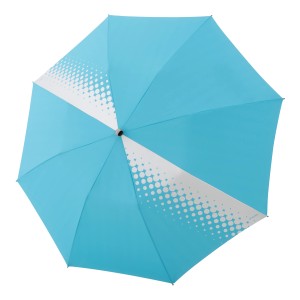 Blauer Doppler Marktschirm Expert, Ø 156 cm, mit Knickfunktion und weißem Punktmuster.
