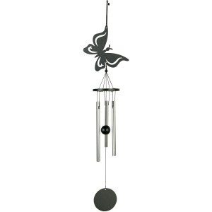 Silbernes Mini-Klangspiel mit Schmetterling (35 cm) zum Aufhängen, Gartendeko.