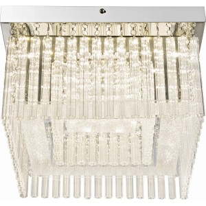 Quadratische LED-Deckenleuchte VINCE in Chrom mit klaren Glasstäben und Glaskristallen.
