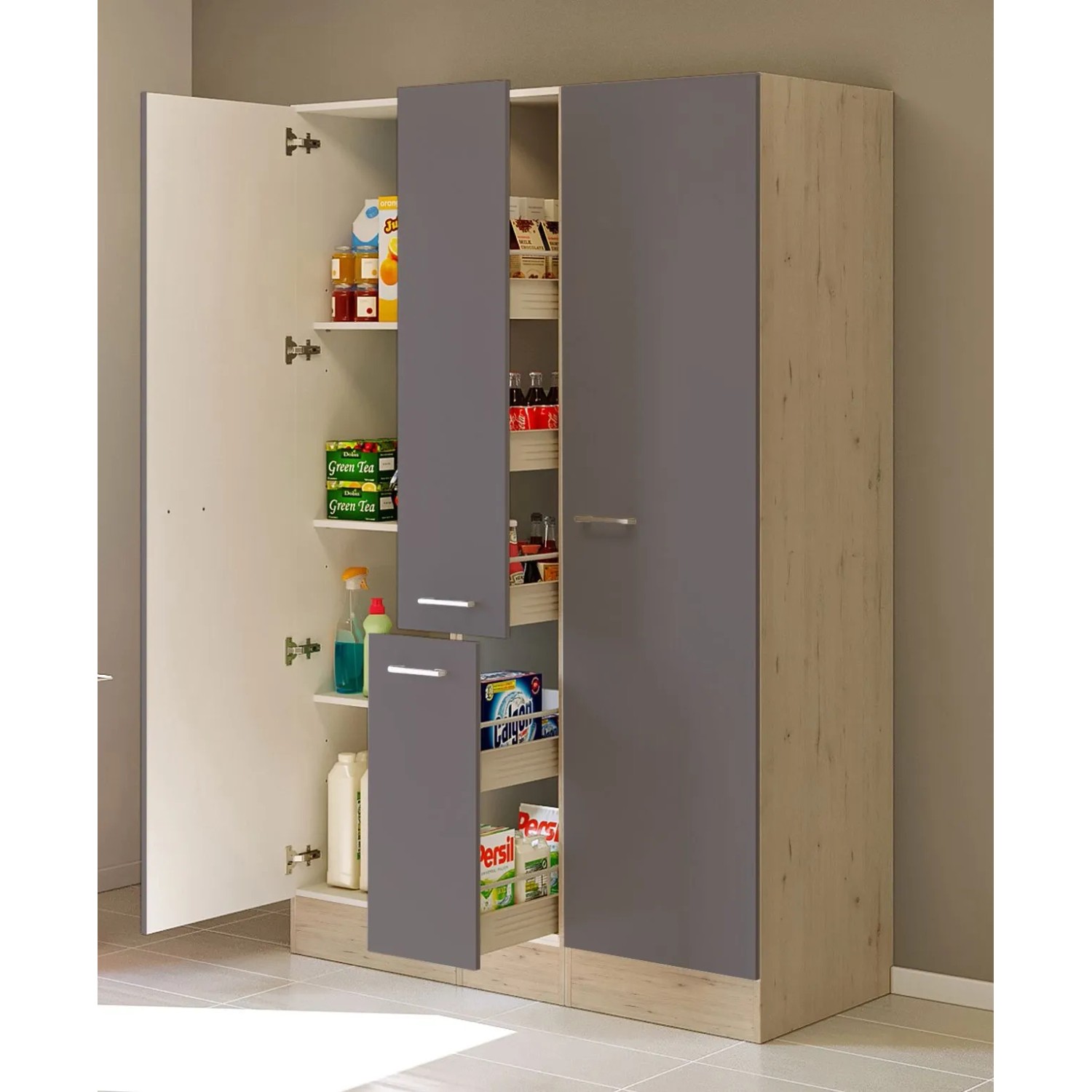 Flex-Well Apothekerhochschrank Morena 30 cm, Basaltgrau matt/San Remo Eiche, offen mit Auszügen und Ablagen.