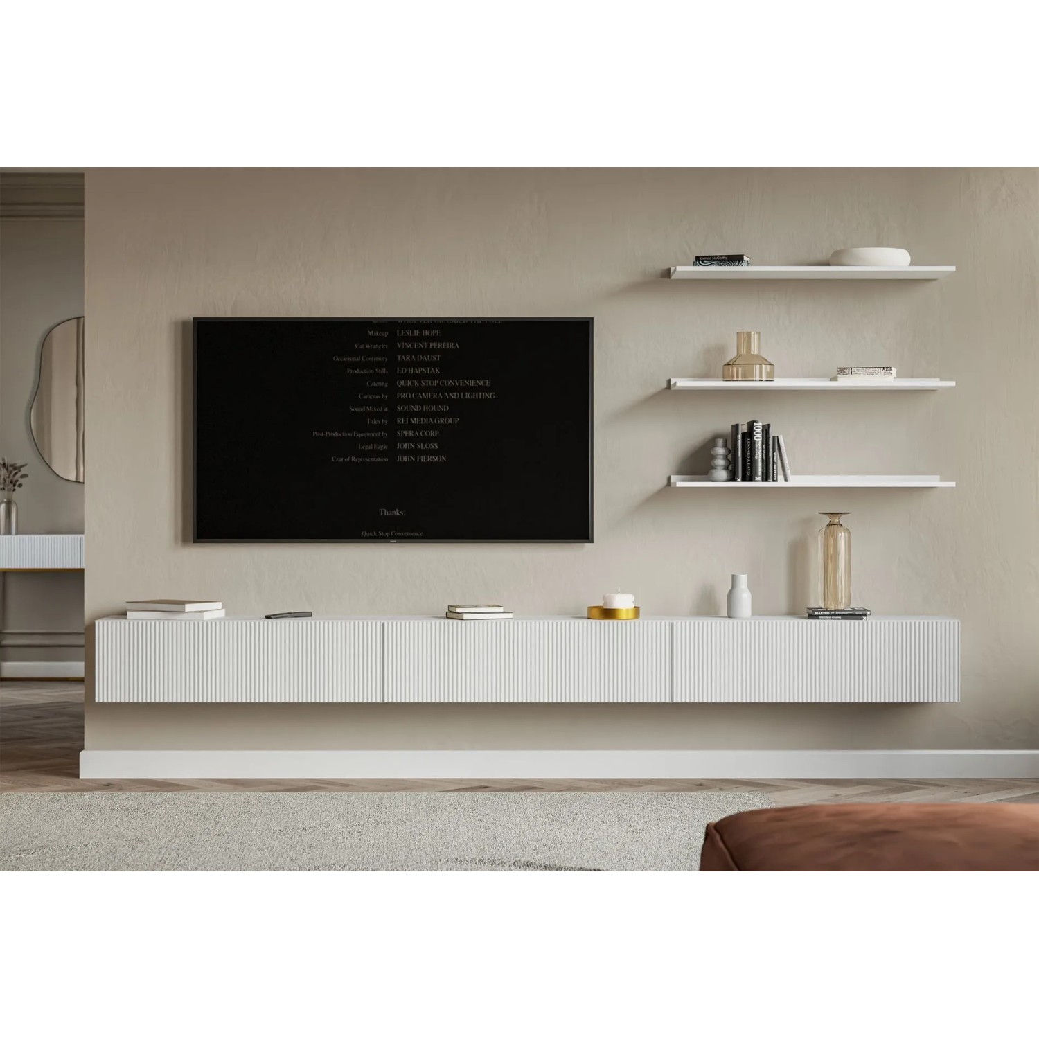 Selsey TV-Hängeboard Veldio mit Lamellenfront 300 cm Weiß_2
