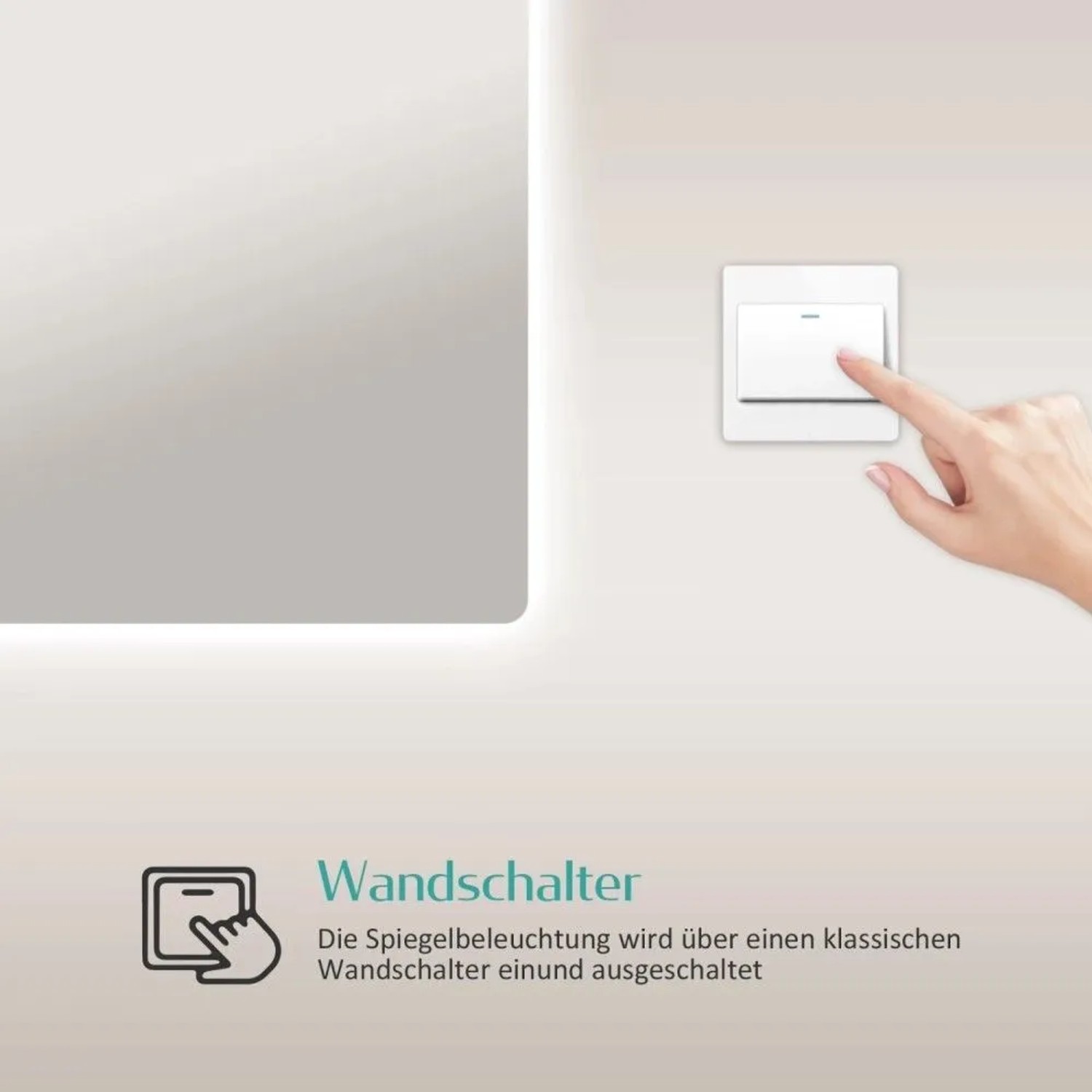 Hand betätigt weißen Wandschalter für Emke LED-Badspiegel. Einfache Steuerung der Spiegelleuchte.