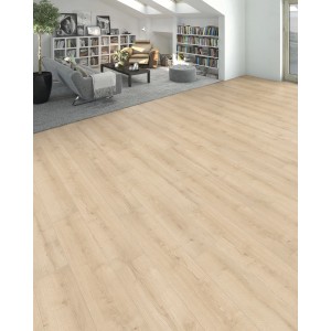 Living by Haro Laminat Eiche Langley Creme im Wohnraum verlegt.