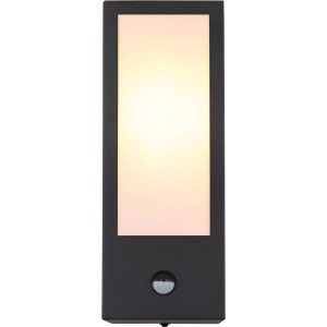 Schwarze, rechteckige Globo Außenleuchte mit Bewegungsmelder und opaler Glaswand.