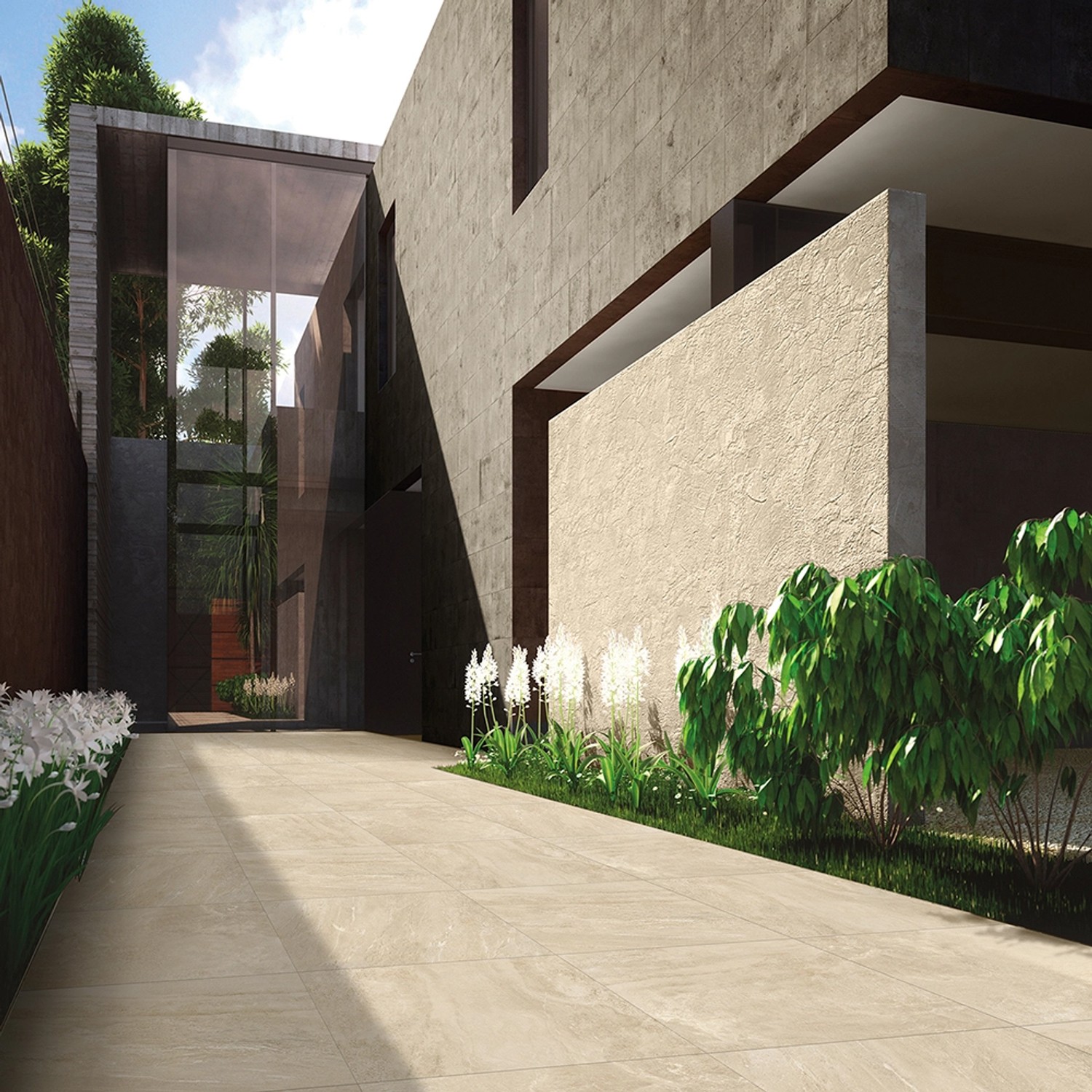 Diephaus Terrassenplatte Perlmutt, 60x60 cm, verlegt vor modernem Haus.