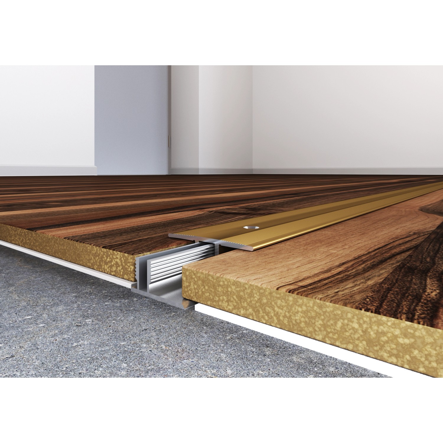 Silbernes Übergangsprofil (900 mm) für Laminat/Parkett, inkl. Schrauben und Dübel, für Höhen 7-15 mm.