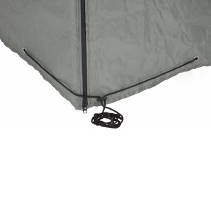 Graue Schutzhülle für Loungeset mit Reißverschluss und Kordelzug.