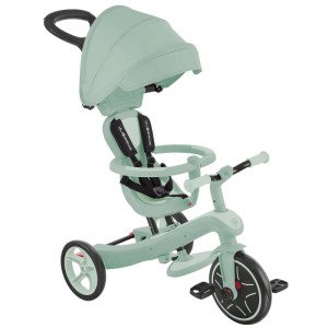 Globber Explorer Trike 4in1 Kinderwagen in Pistazie. Vielseitiges Dreirad und Laufrad mit verstellbarem TPR-Sitz.