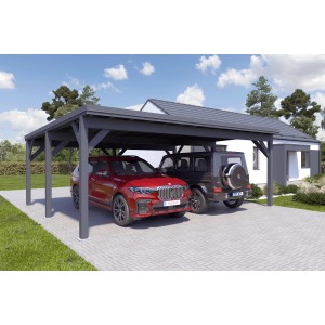 Holzbrüder Doppelcarport Ralf, anthrazitgrau, mit zwei geparkten Autos. Blechdach dunkelgrau.