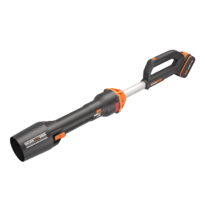 Worx Akku-Laubbläser WG543E in Schwarz-Orange mit Akku. Handliches Gartengerät für Laubentfernung.