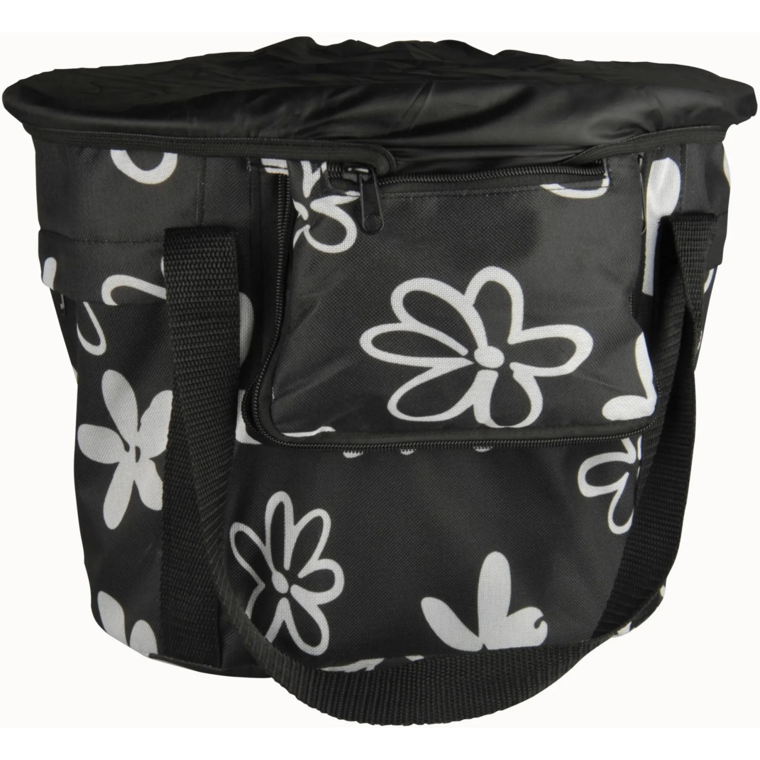Fischer Lenker-Einkaufskorb Textil, schwarz mit Blumenmuster, mit Tragegurt und Reißverschlusstasche.