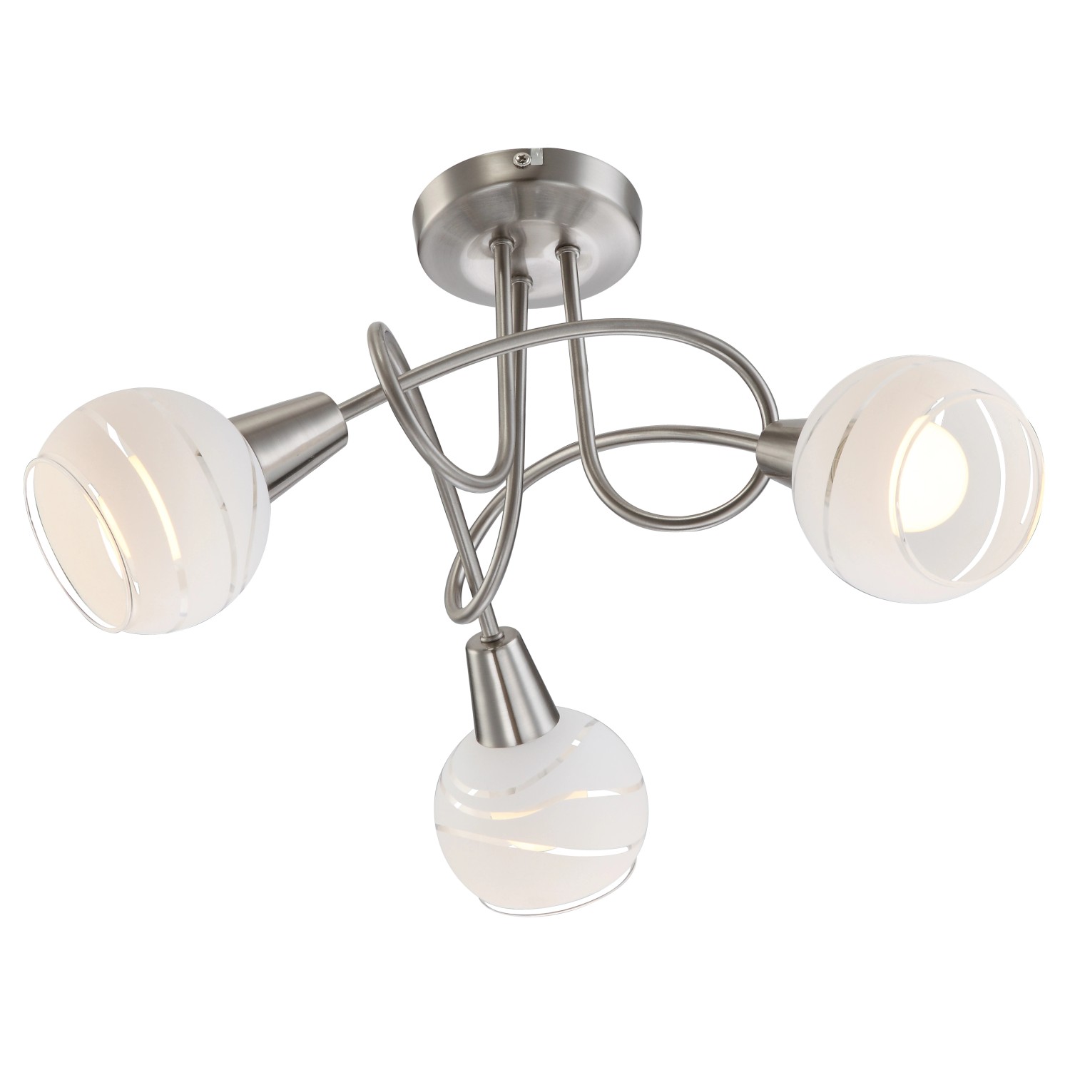 Globo LED-Deckenleuchte Elliott mit 3 Spots, Metall Nickel matt und satiniertem Glas.