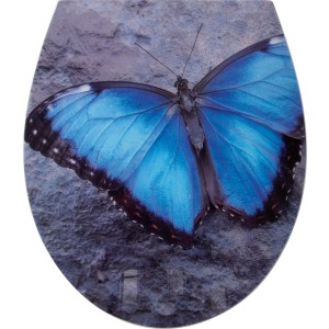 Weißer WC-Sitz Itata mit blauem Schmetterling und Absenkautomatik.