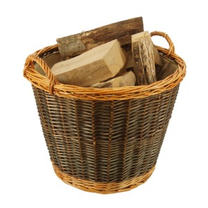 Runder Valo Weidenkorb, braun, Ø 50 cm, mit Juteeinlage und Holzscheiten.