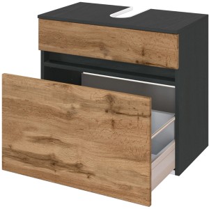 Held Möbel Waschbeckenunterschrank Bari, 60 cm, Wotaneiche/Graphitgrau mit offener Schublade.