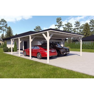 Doppelcarport Ralf, reinweißes Holz mit schwarzem Blechdach, zwei geparkte Autos.