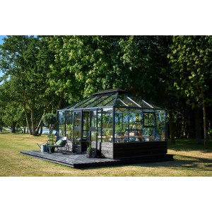 Juliana Gewächshaus Grand Oase Mauer 13 in Anthrazit, 13 m², mit Glas und Aluminiumrahmen.
