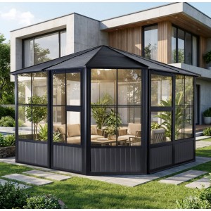 Sojag Pavillon Charleston 384x384 cm mit Stahl Dach und Fenstern im Garten.