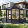 Sojag Pavillon Charleston 384x384 cm mit Stahl Dach und Fenstern im Garten.