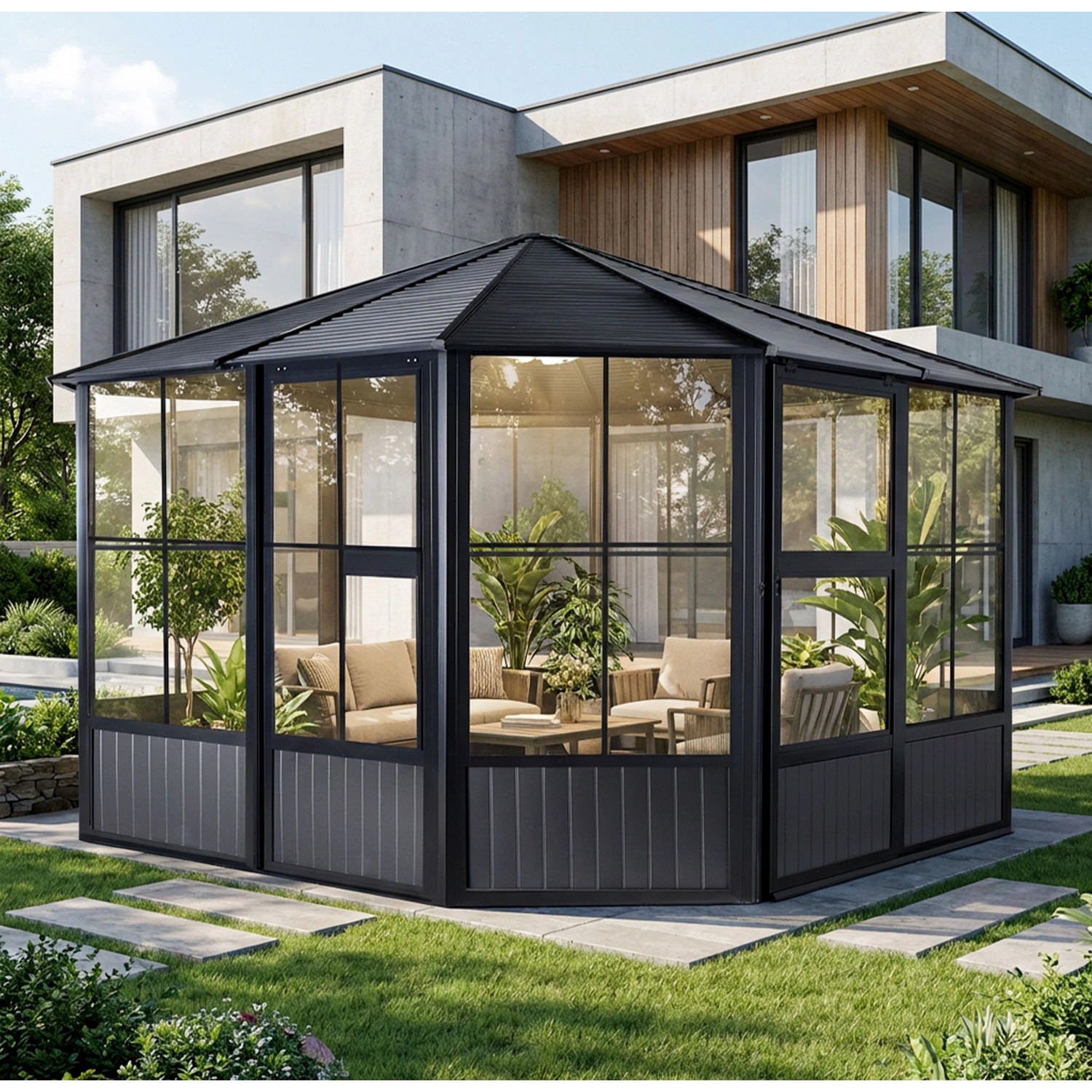 Sojag Pavillon Charleston 384x384 cm mit Stahl Dach und Fenstern im Garten.