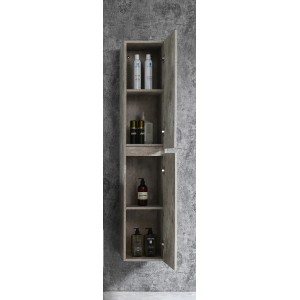 Sanotechnik Bad-Hängeschrank Corbo, 150x30x30 cm, grau, mit geöffneter Tür und Badutensilien.