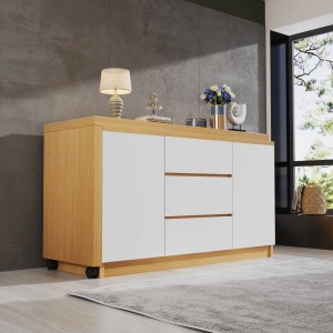 Weiß-eichenfarbener Schreibtisch/Sideboard mit 2 Türen, 3 Schubladen und Rollen. Flexibel drehbarer Eckschreibtisch.