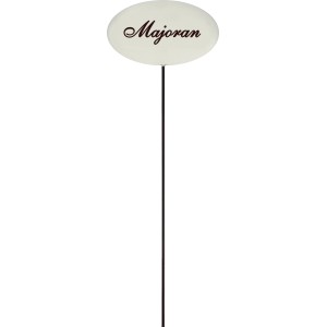 Kräuterstecker aus Emailleweiß mit 'Majoran' Schriftzug, 30 cm hoch, für Beet und Kübel.
