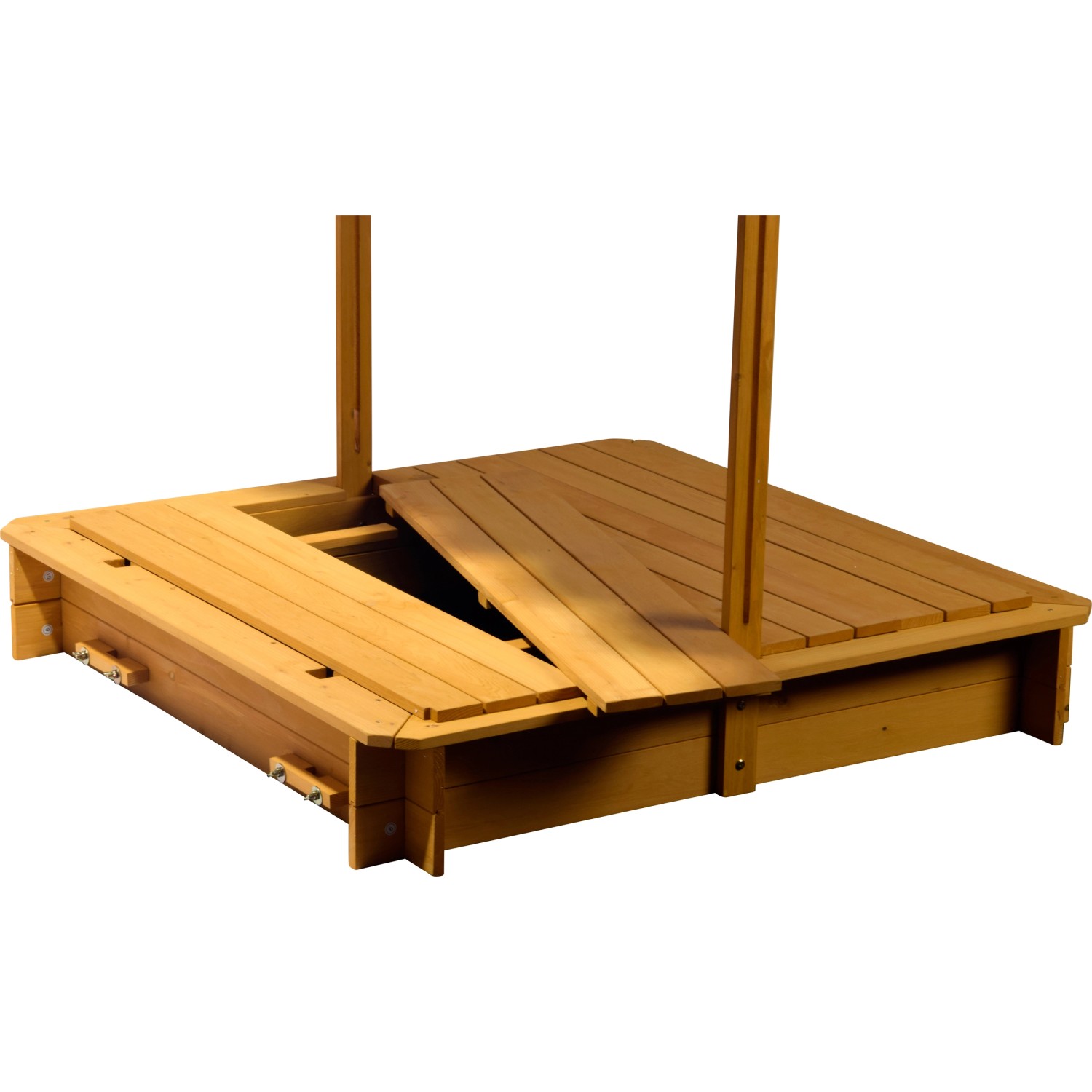 Dobar Sandkasten mit Dach, teilweise geöffnet, aus lasiertem Nadelholz, 112x112x112 cm.