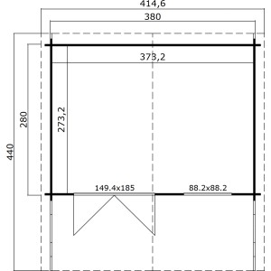 Grundriss Lasita Holz-Gartenhaus Orlando 34, 414,6x440cm, Gletschergrün mit Anbaudach.