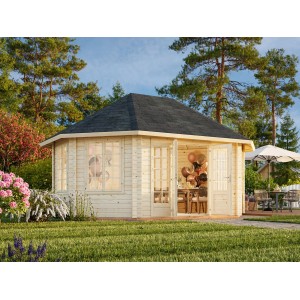 Palmako Holz-Pavillon Hanna, 421/571x222 cm, aus unbehandeltem Fichtenholz mit Doppeltür und Fenstern.