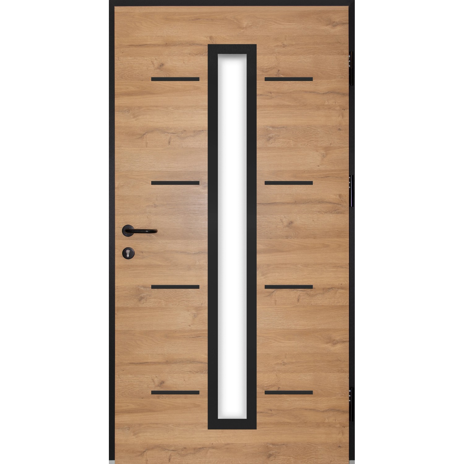 Splendoor Sicherheitshaustür Thermospace Milano Prime RC2 in Eiche Natur mit Glaselement und schwarzen Akzenten.