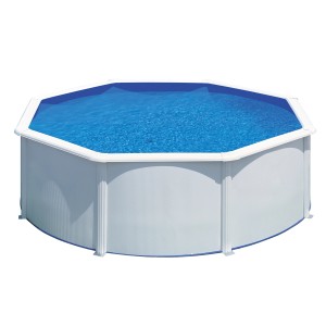 Weißer BWT Rundpool Feeling Set Ø 3,5 m mit Stahlwand, blauer Folie und Wasser.