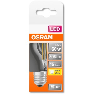 Osram LED-Lampe E27 Tropfenform, 5,5W, 806lm, warmweiß, in Verpackung.