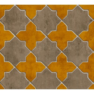 Vliestapete in Fliesenoptik, gelb-beige, mit matter, leicht strukturierter Oberfläche.